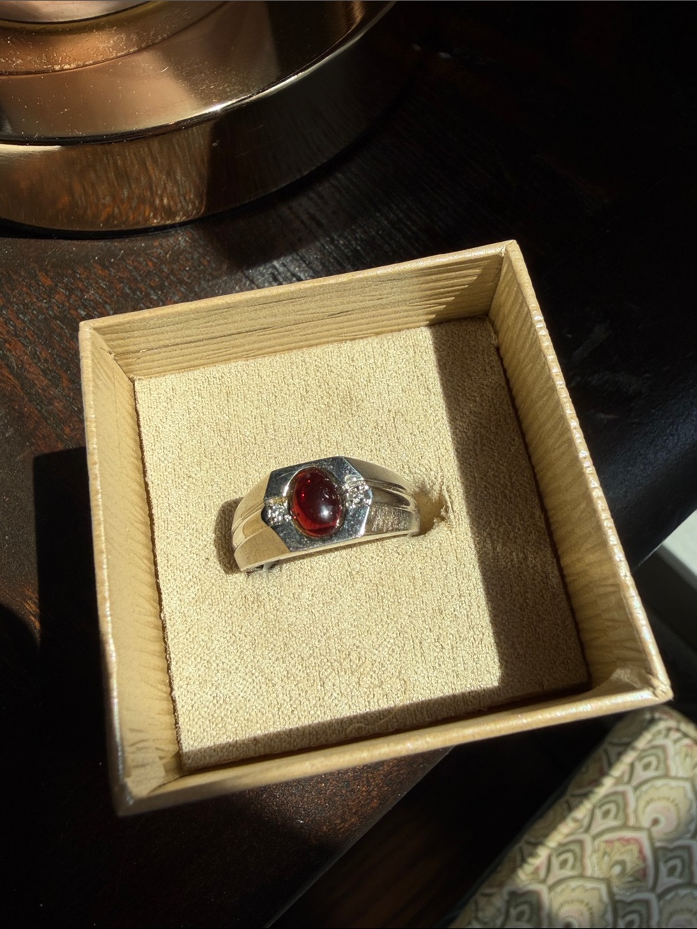 Sterling Silver Garnet Cabochon Ring - Deep Red
